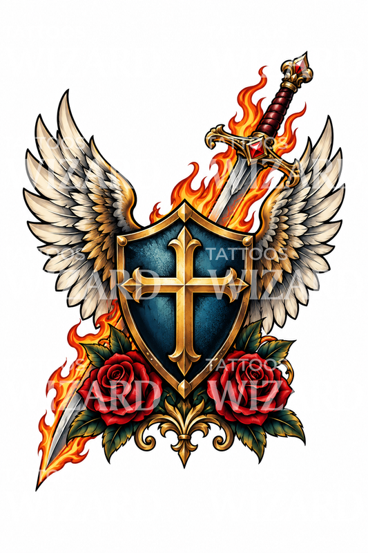 Diseño de tatuaje del escudo de San Miguel con espada de fuego y rosas