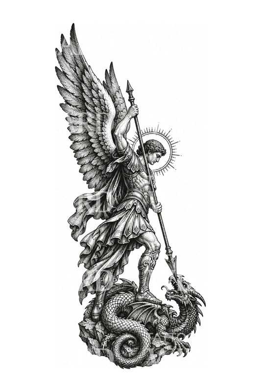 St Michael Slaying the Dragon Stipple Tattoo Design
