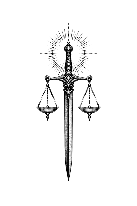 Tatuagem dotwork de São Miguel com espada e balança