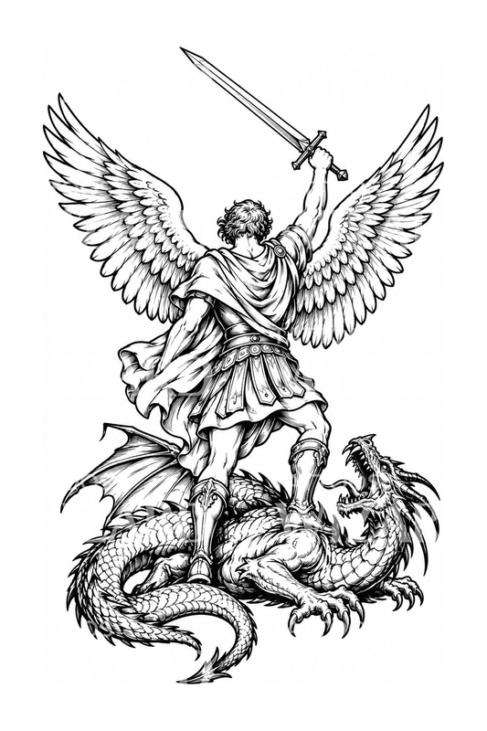 Tato Sketsa Tinta St Michael Menginjak-injak Naga