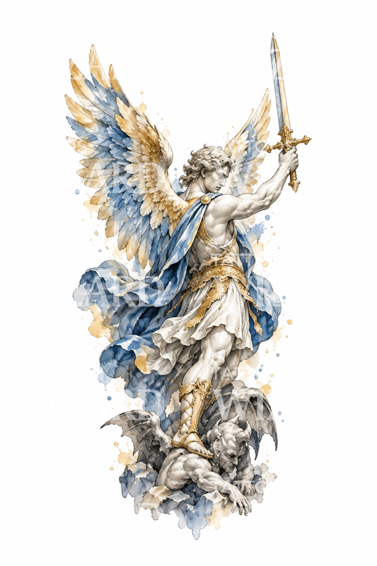 Ilustración de tatuaje en acuarela de San Miguel Victorioso