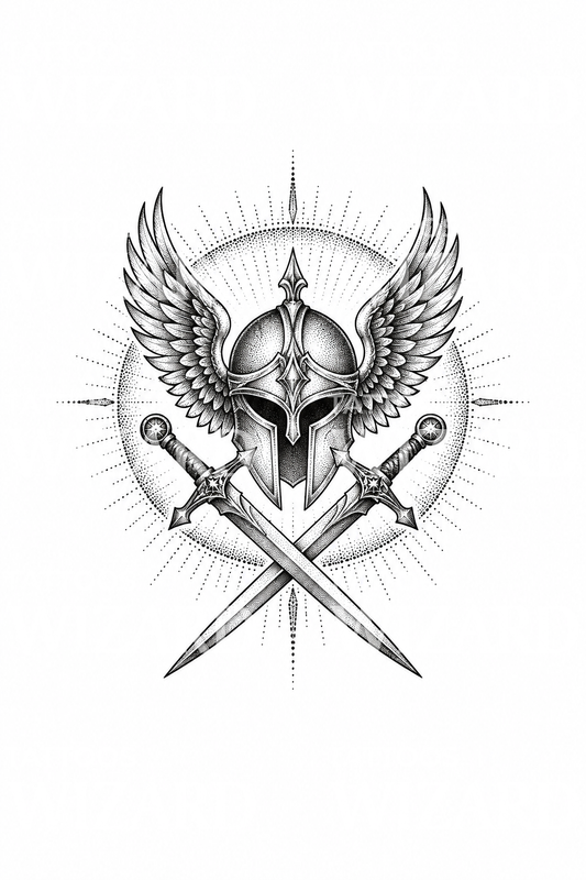 Tato St Michael dengan Helm Bersayap dan Pedang Bersilang