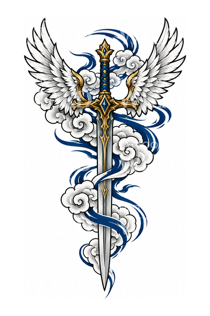 St Michael Winged Sword in Japanese Clouds Tattoo