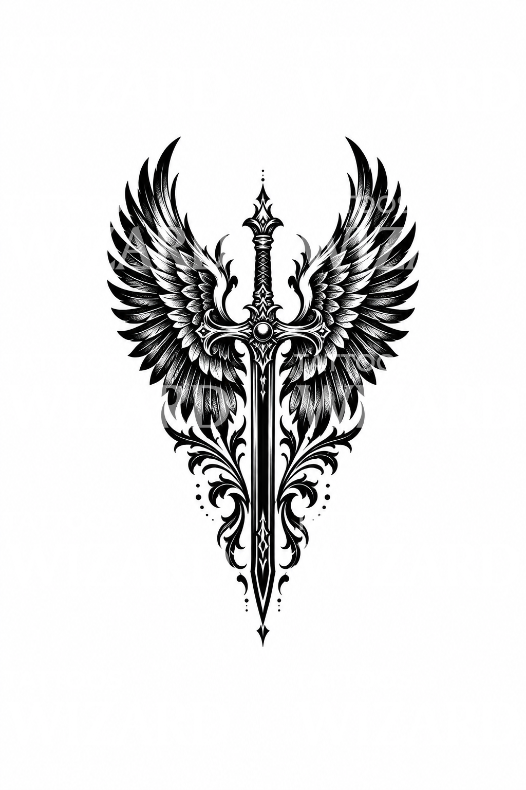 Arkkienkeli Mikaelin siivet ja miekka blackwork-tatuointina