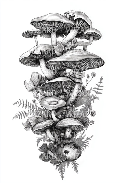 Stacked Forest Mushrooms Tattoo Design