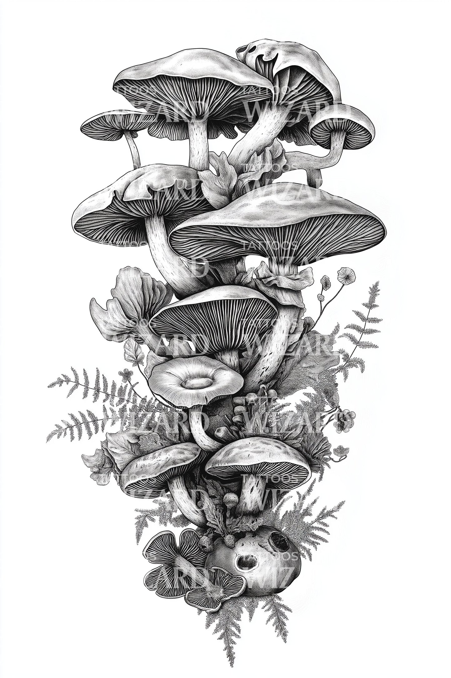 Stacked Forest Mushrooms Tattoo Design