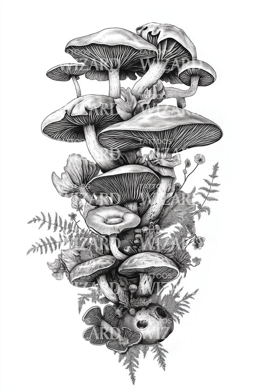 Stacked Forest Mushrooms Tattoo Design