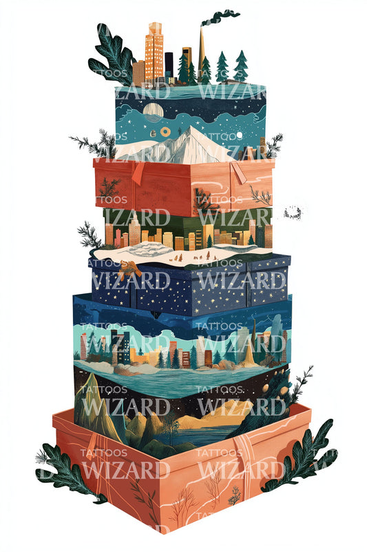 Stacked Landscape Boxes Tattoo Design