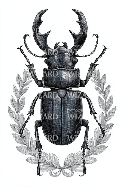 Stag Beetle Laurel Tattoo Design