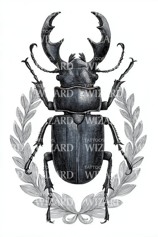 Stag Beetle Laurel Tattoo Design