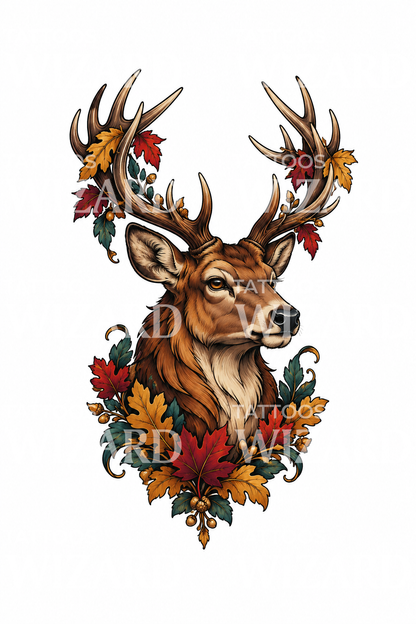 Tattoo-idee van een hertenkop met herfstbladeren