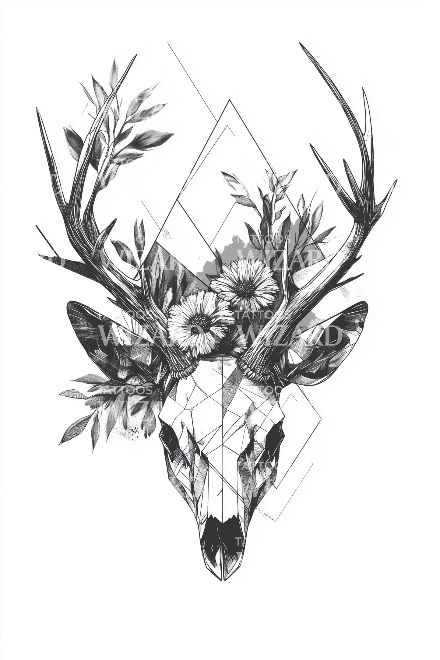 Design de Tatuagem de Crânio de Veado em Traço Linear
