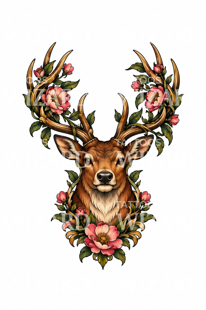 Hert met bloemen in het gewei, neo-traditionele tattoo