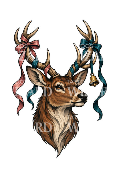 Tatouage d’un cerf aux bois ornés de rubans et d’une clochette