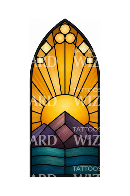 Stained Glass Sunrise Mountain Tattoo Design