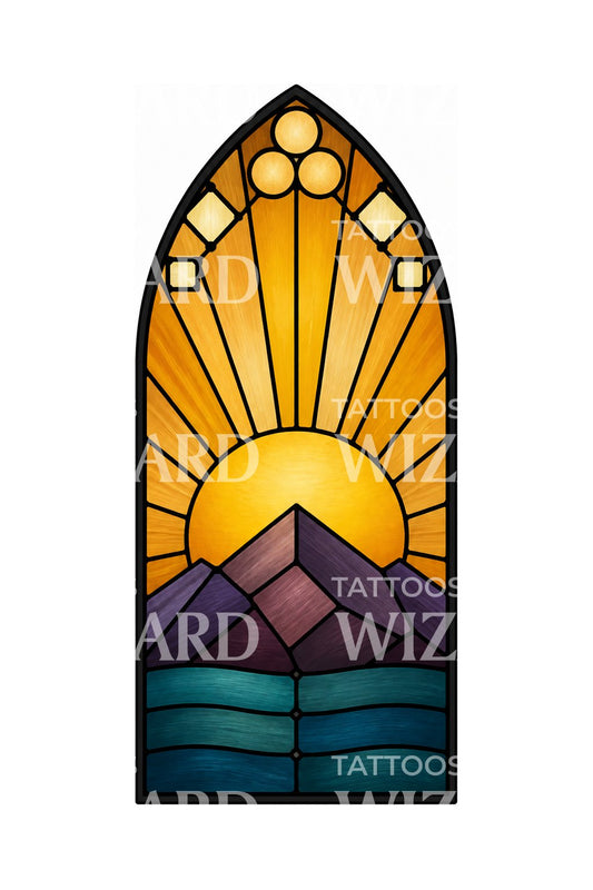 Stained Glass Sunrise Mountain Tattoo Design