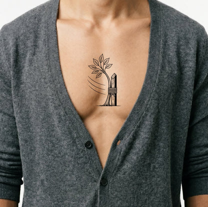 Tatueringsdesign av stöttat ungt träd i vinden