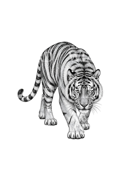 Schleichender Tiger als Dotwork-Tattoo im Ganzkörperdesign