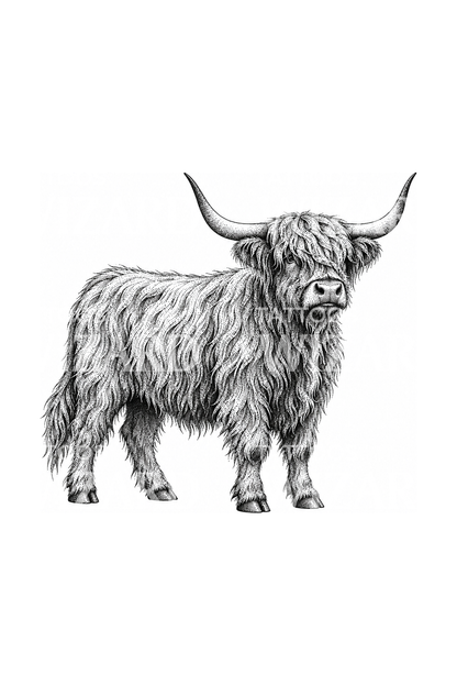Dotwork-tatoeage van een staande Highlandkoe