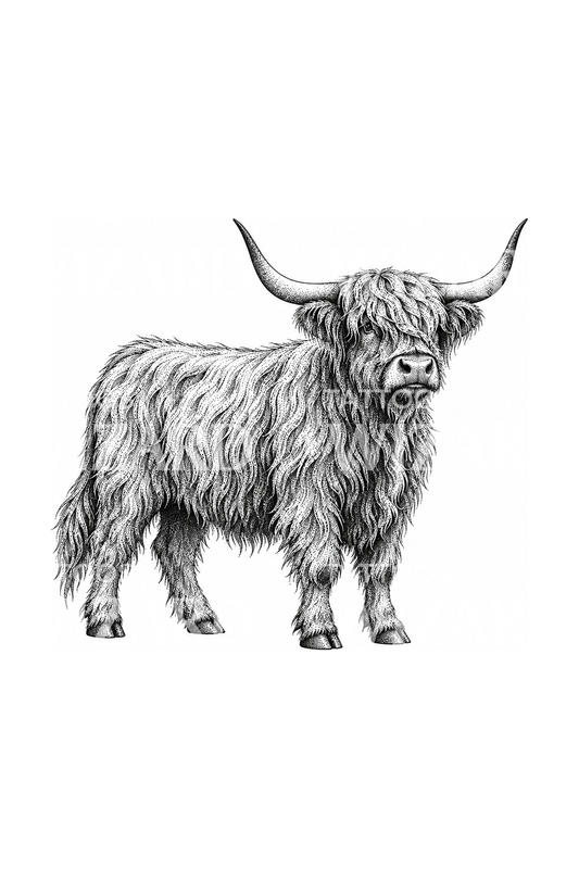 Tatuaje dotwork de vaca Highland de pie