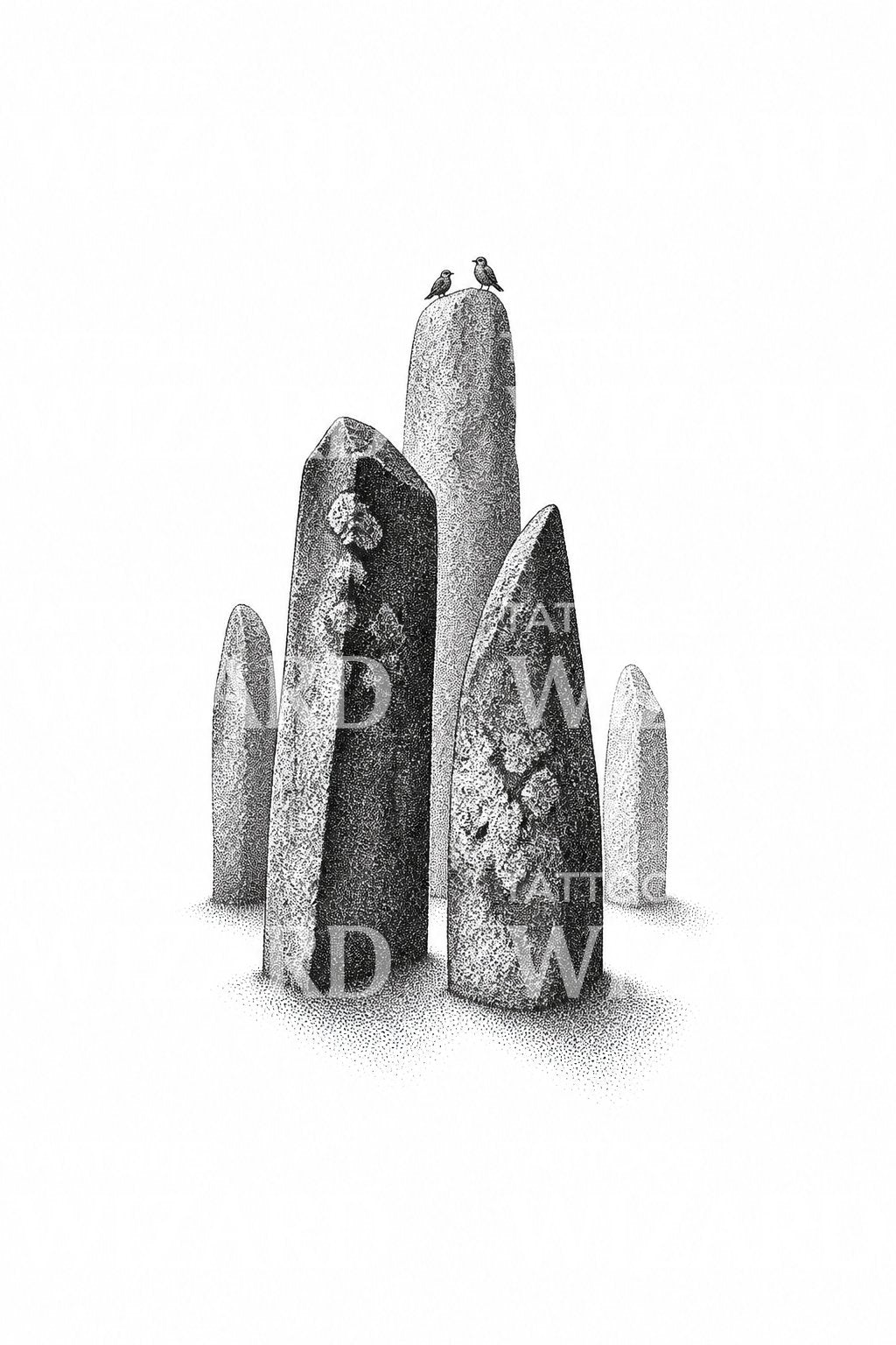 Dotwork-tatoveringsdesign med stående steiner