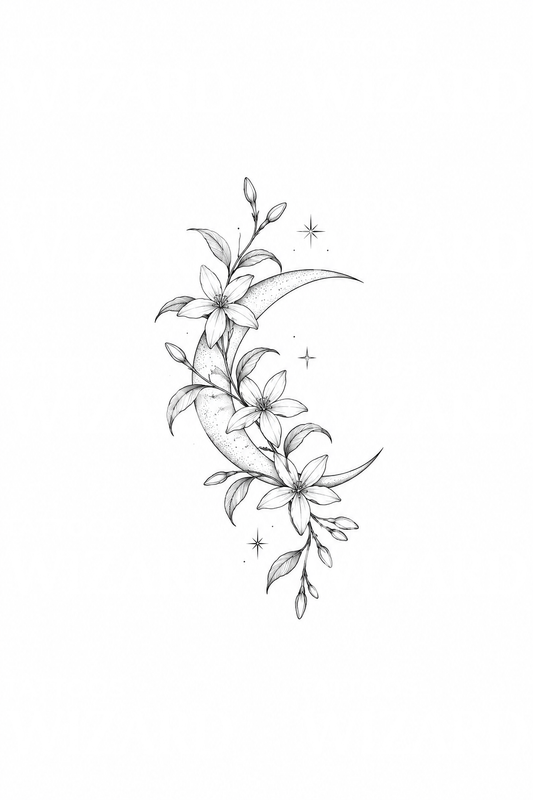Star Jasmine around a Crescent Moon Tattoo Idea