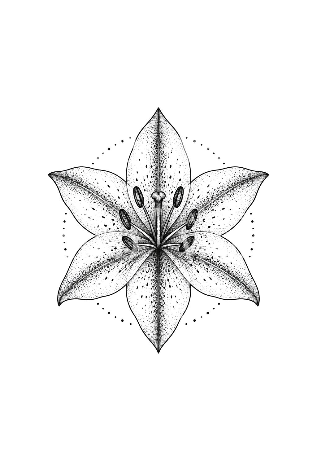 Yukarıdan görülen yıldız biçimli zambak, dotwork dövme tasarımı
