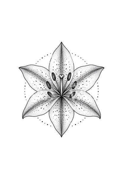 Yukarıdan görülen yıldız biçimli zambak, dotwork dövme tasarımı