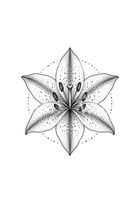 Stervormige lelie van bovenaf, dotwork-tatoeageontwerp