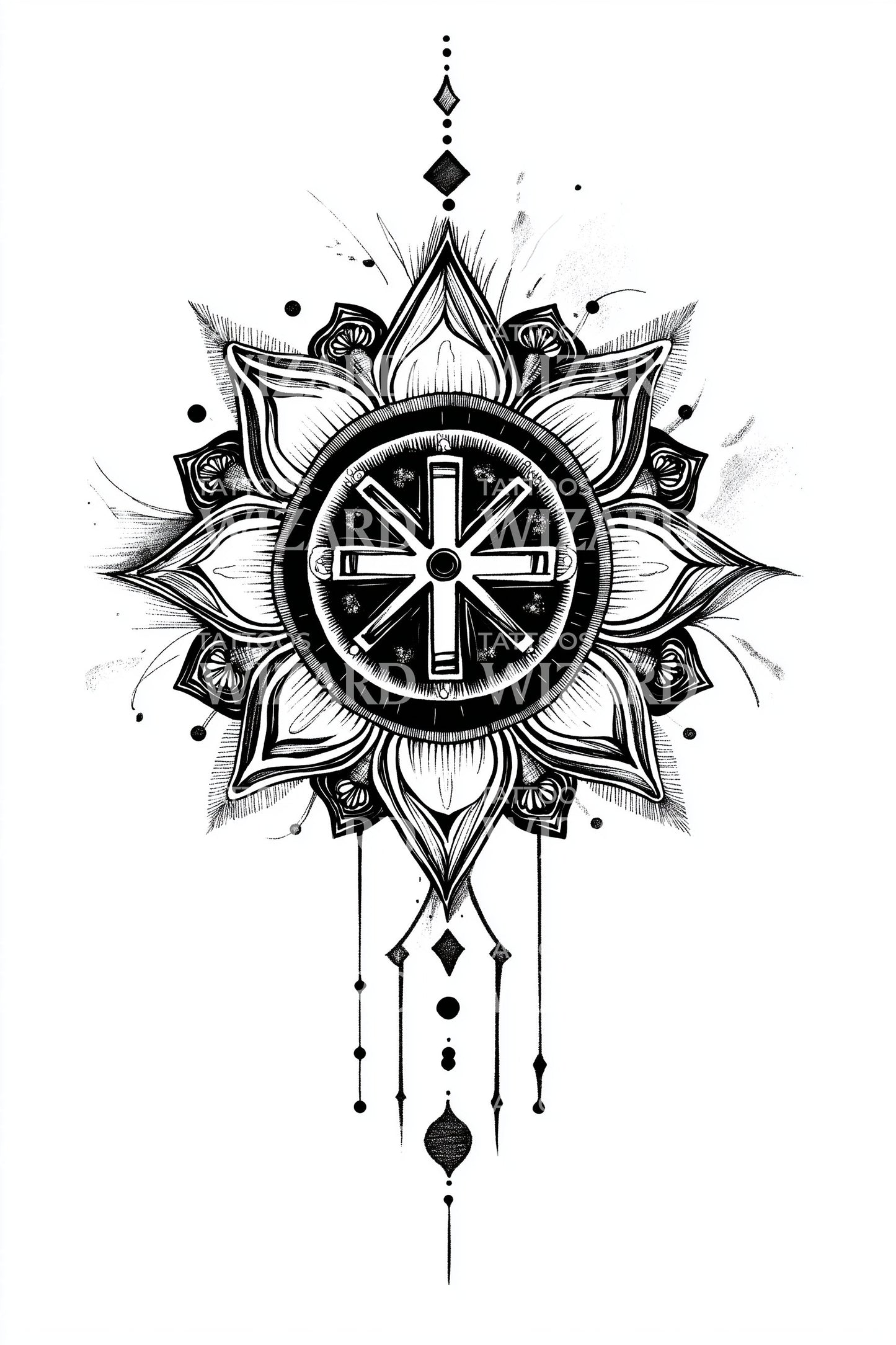 Starburst Compass Cross Tattoo Design