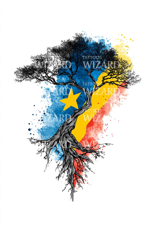 Ilustração de Tatuagem de Árvore com Bandeira Explosão Estelar