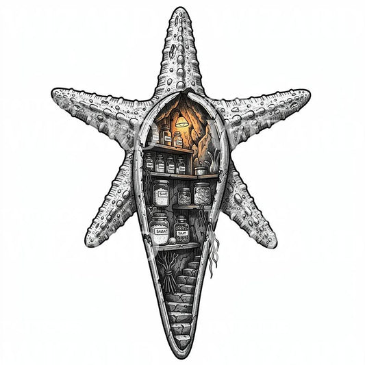 Projekt tatuażu Starfish Apothecary w przekroju