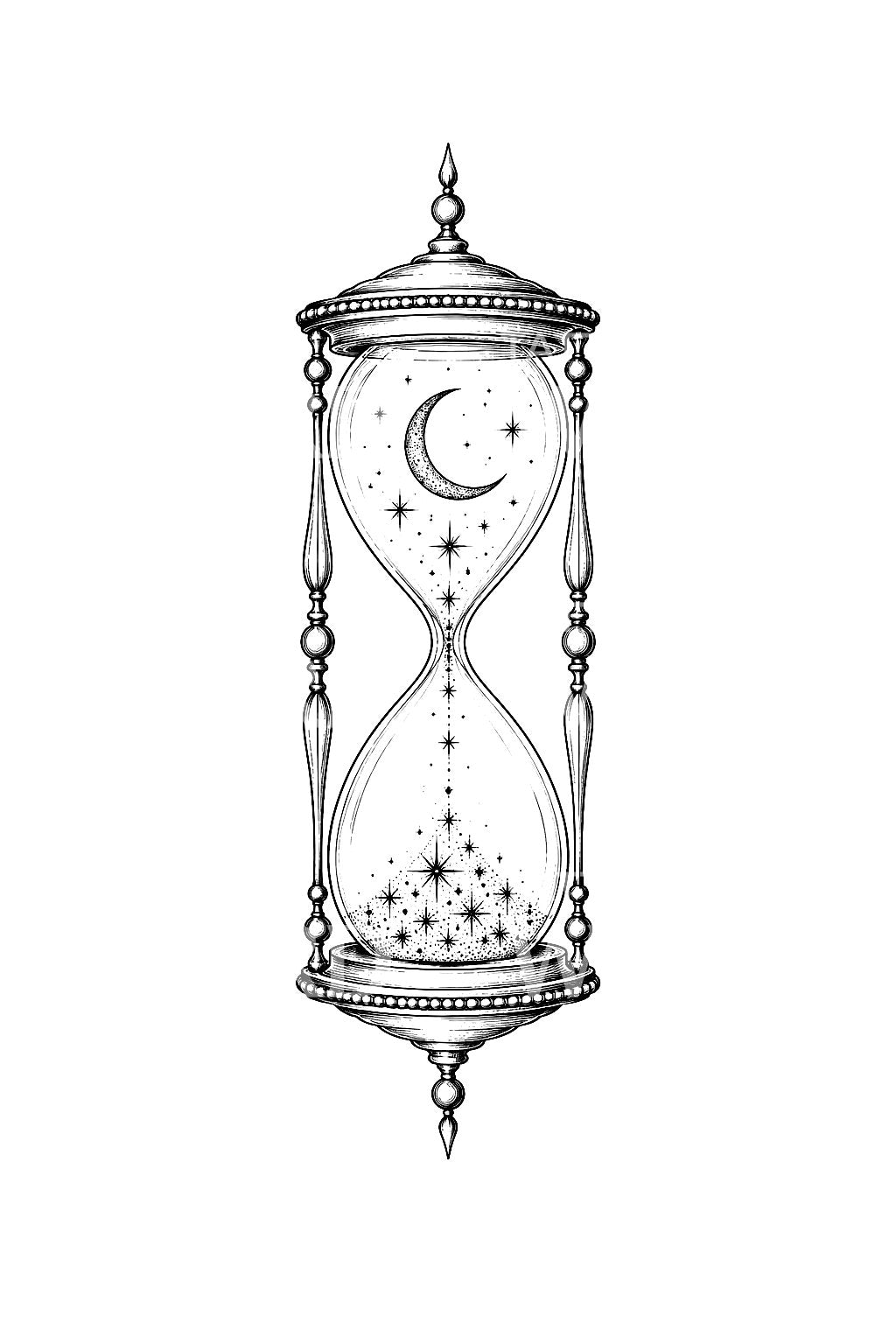 Starlight Hourglass Fine Line Tattoo Design