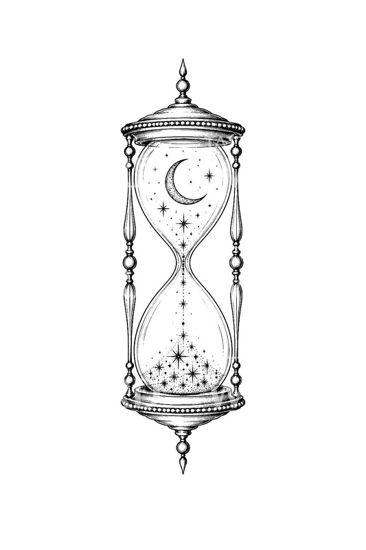 Starlight Hourglass Fine Line Tattoo Design
