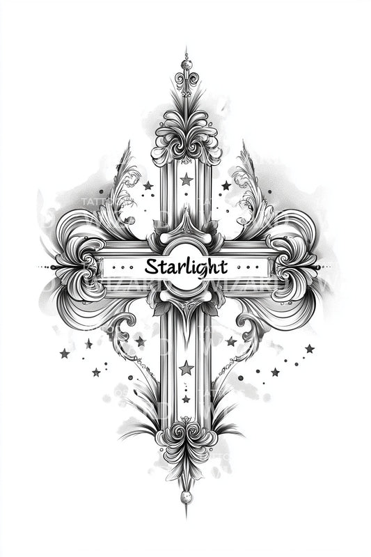 Starlight Ornate Cross Tattoo Design