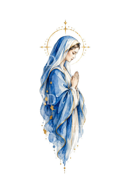 Starlit Blue Madonna in Prayer Tattoo Design