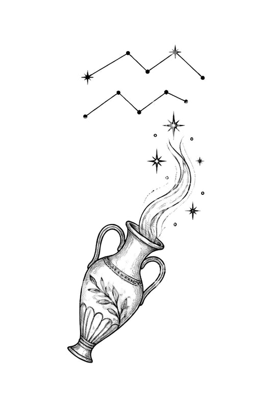 Starlit Greek Amphora Aquarius Sign Tattoo Illustration