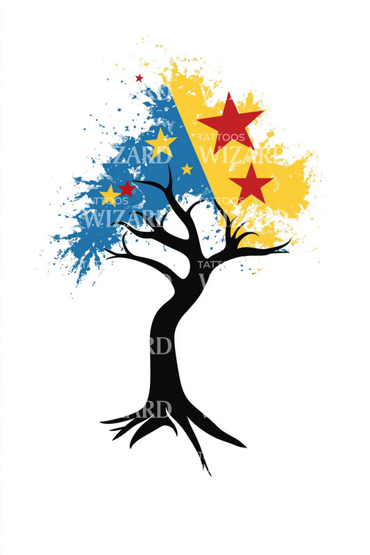 Design de Tatuagem Árvore com Respingo Iluminado pelas Estrelas