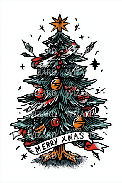 Starry Christmas Tree Tattoo Design