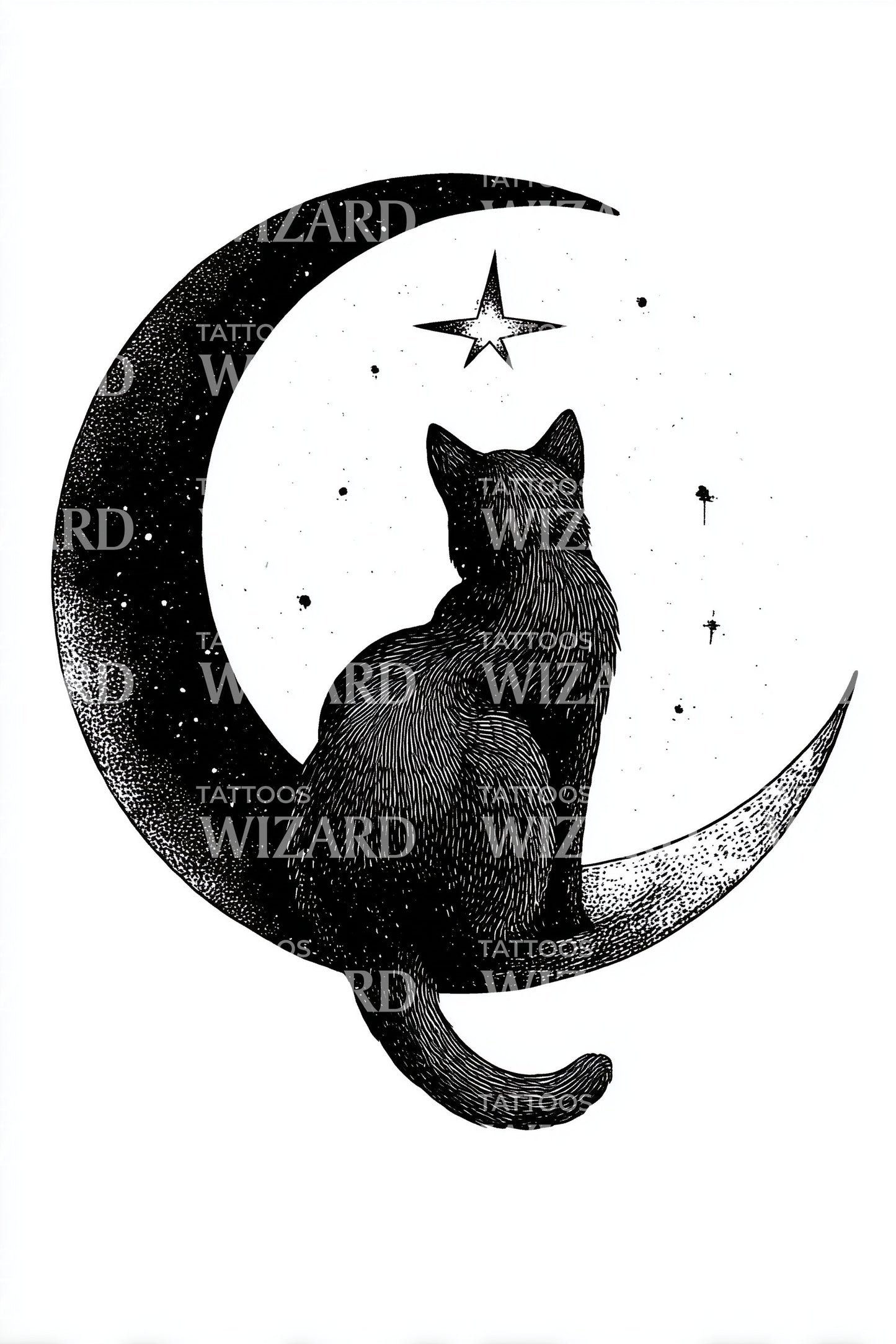 Starry Crescent Cat Night Tattoo Idea