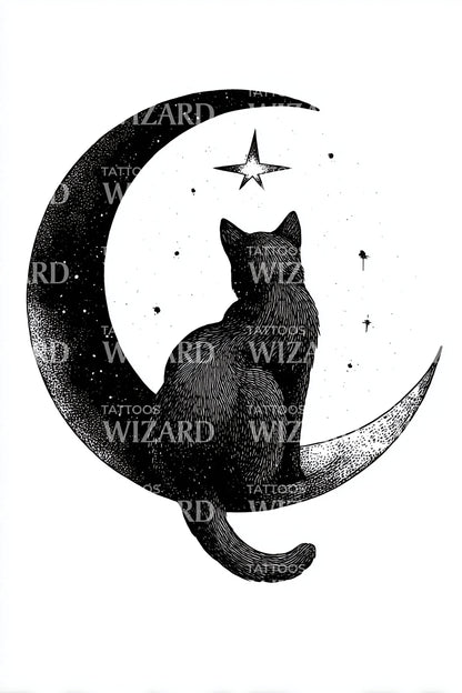 Starry Crescent Cat Night Tattoo Idea