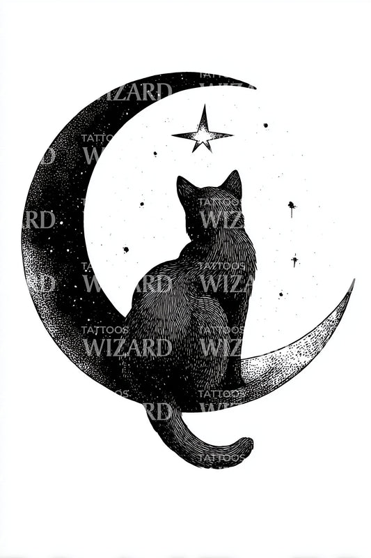 Starry Crescent Cat Night Tattoo Idea