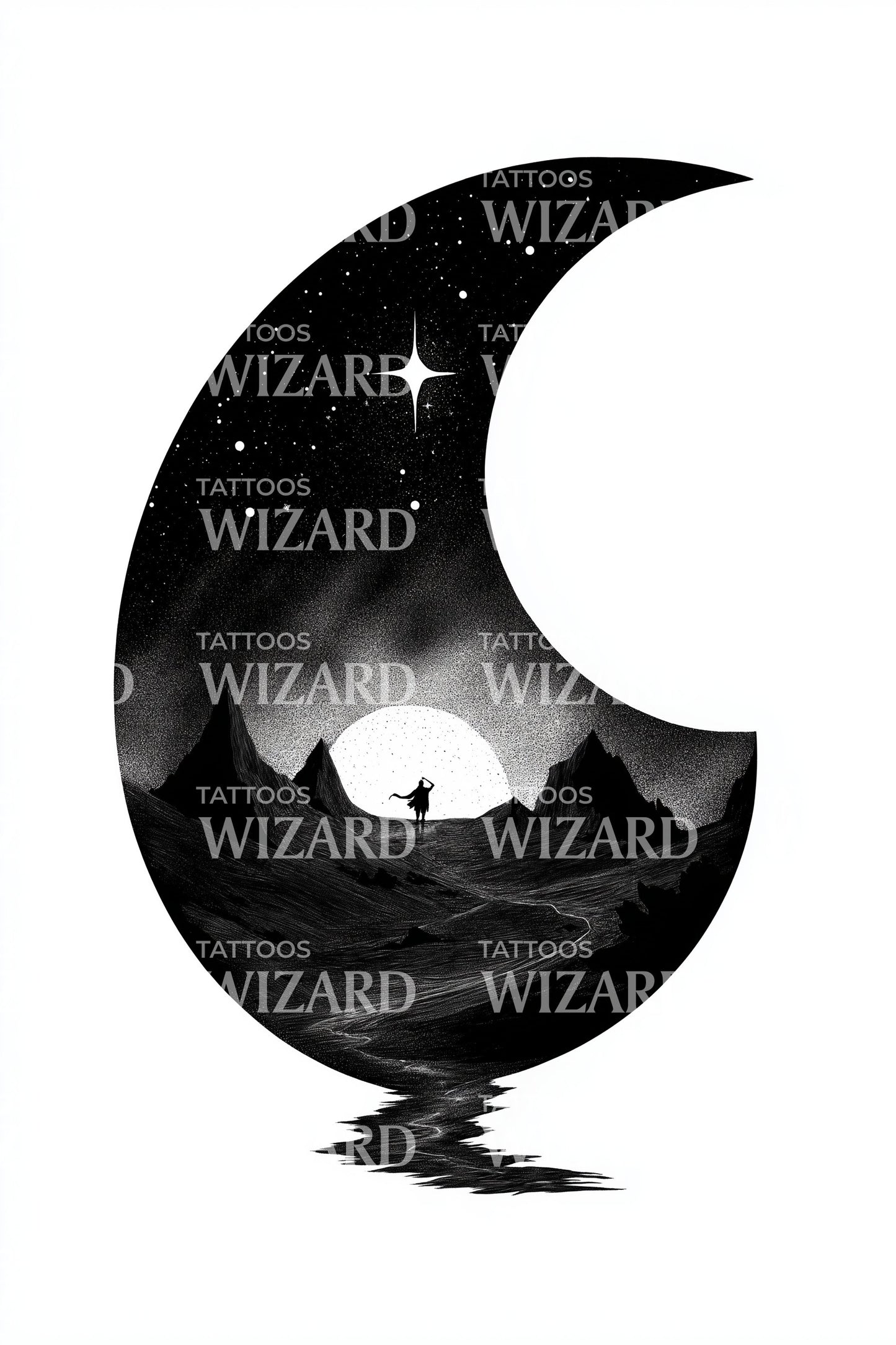 Starry Crescent Horizon Tattoo Design