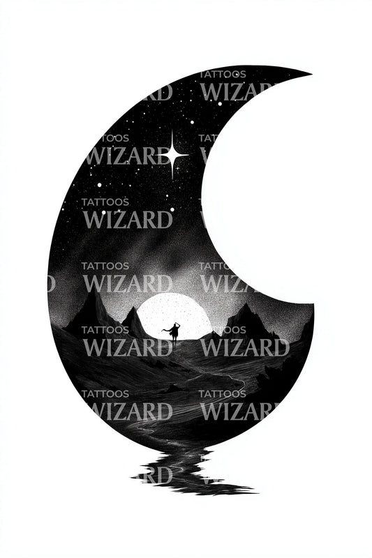 Starry Crescent Horizon Tattoo Design