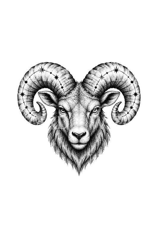 Tähtisarvinen Oinas, stipple-tatuointimalli