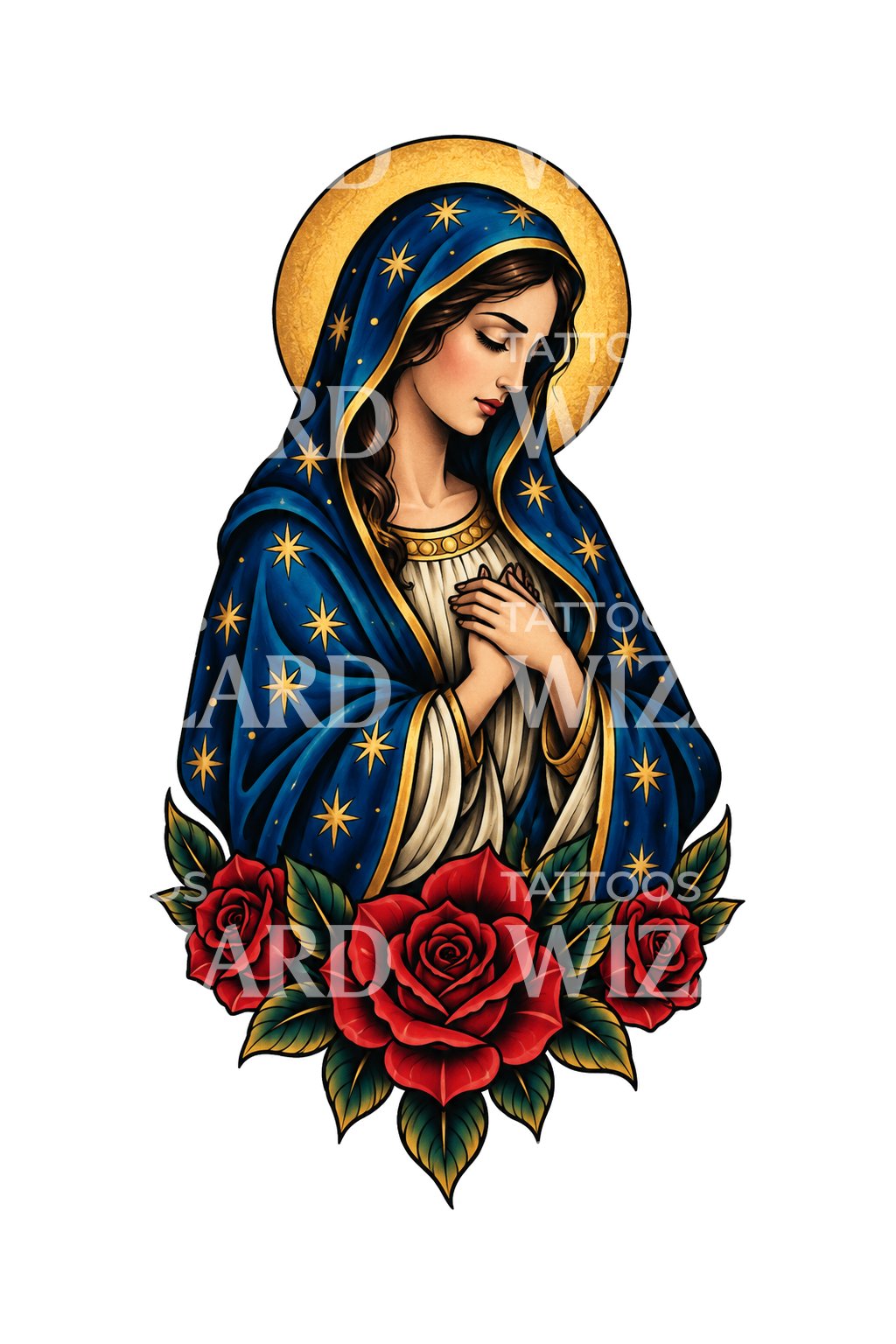 Madonna mit Rosen unter einem Sternenmantel, Tattoo-Illustration