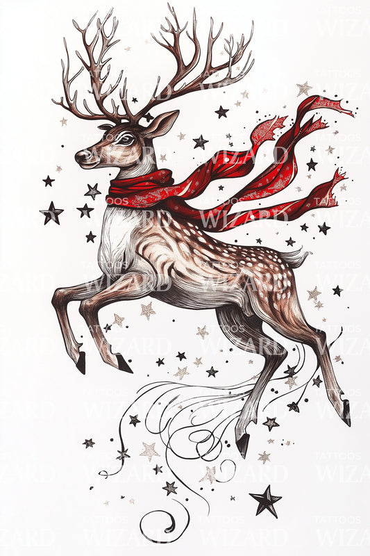 Starry Night Flying Reindeer Tattoo Design