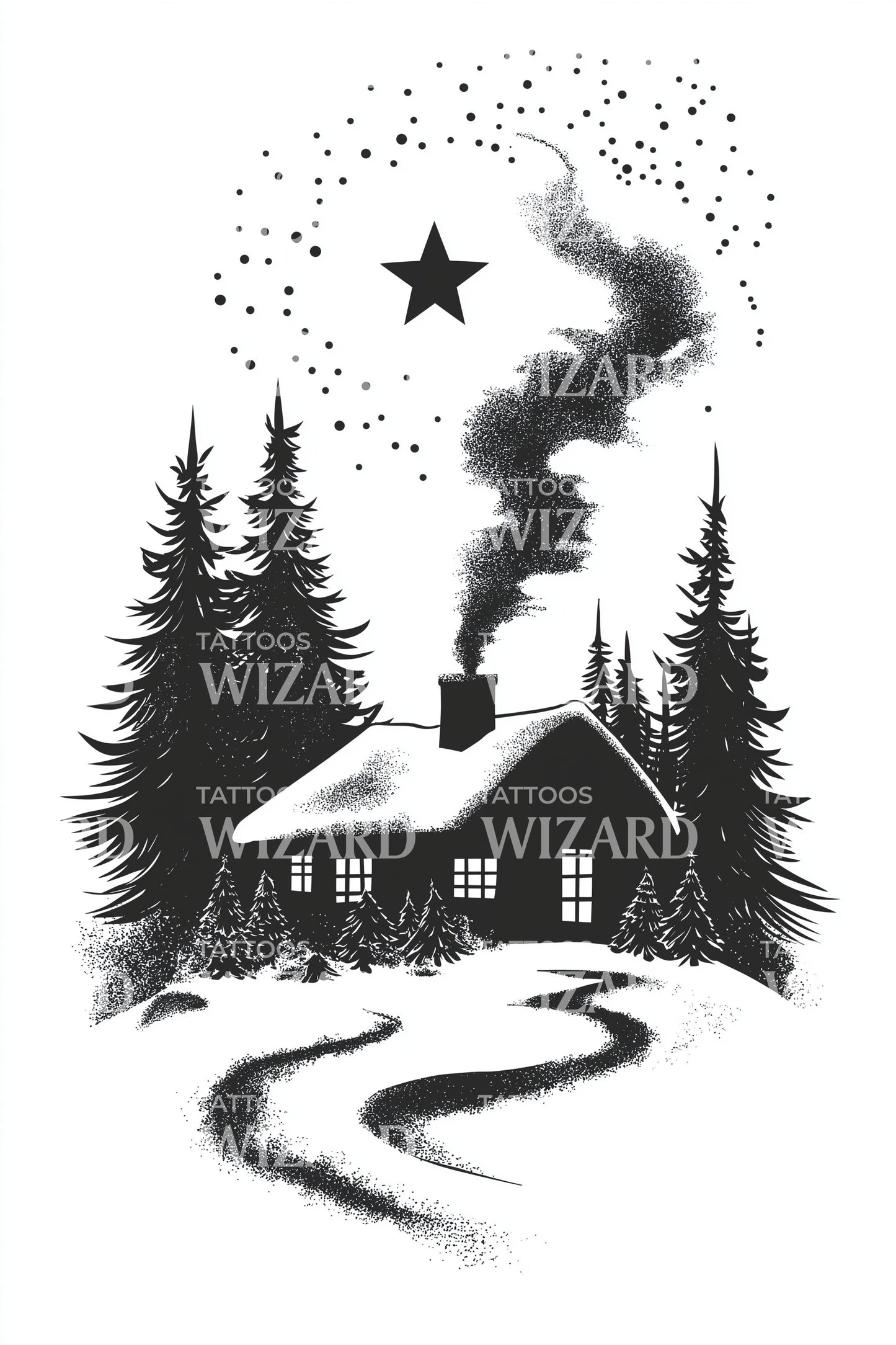 Starry Winter Cabin Tattoo Design