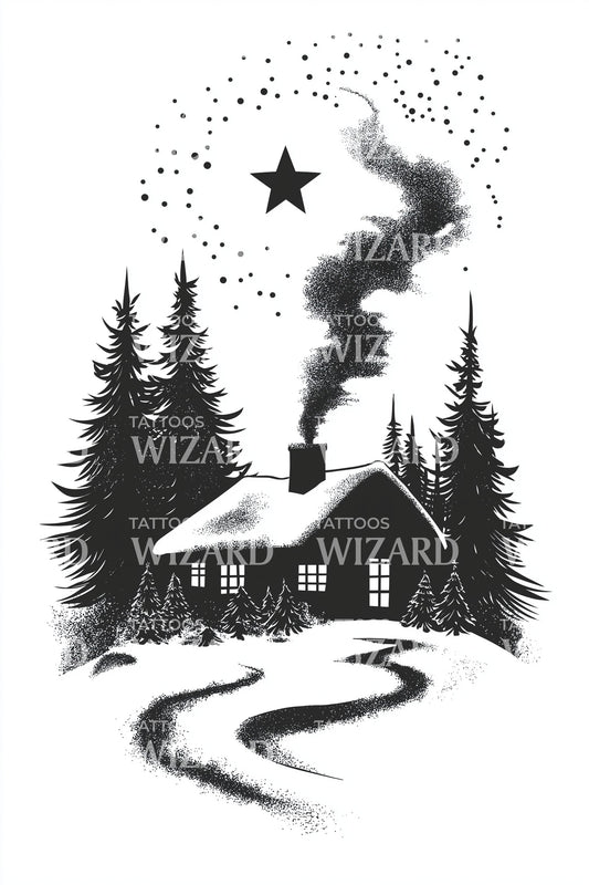 Starry Winter Cabin Tattoo Design