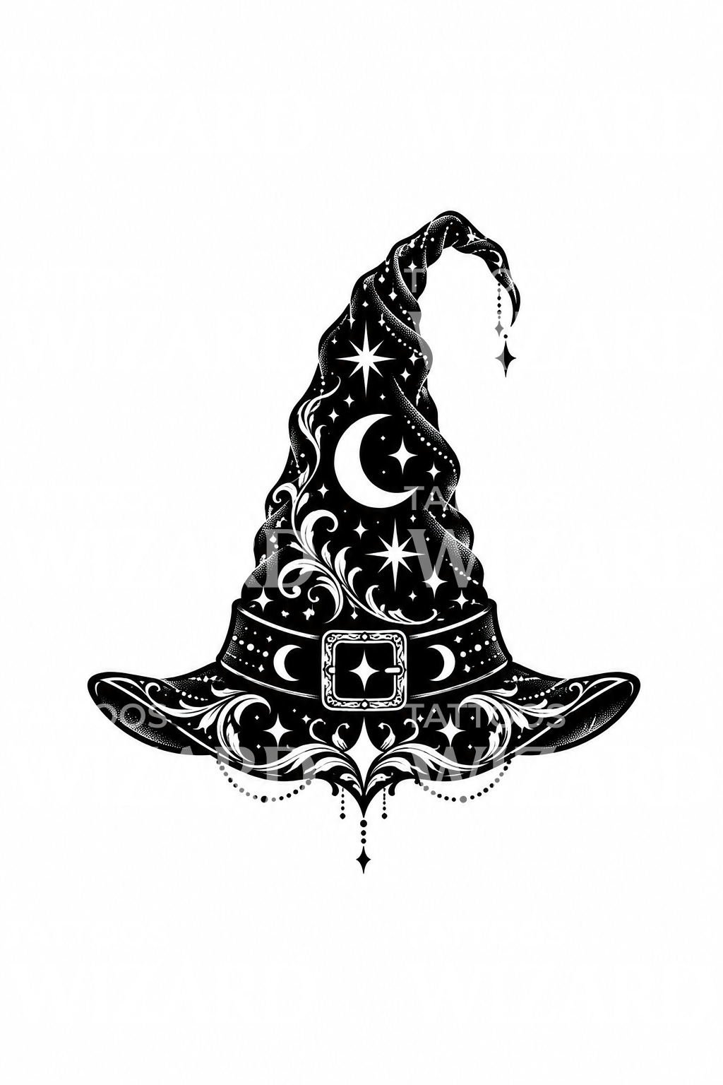 Blackwork-tatovering af heksehat med stjerner